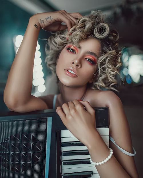 A woman with curly hair and a piano, representing the artistic and performative aspects of shame.